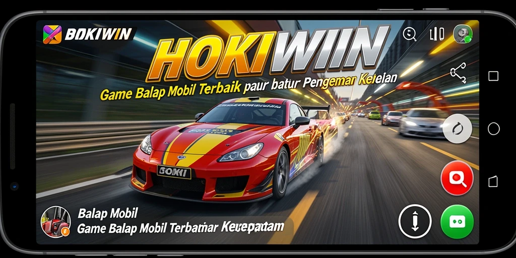 Tampilan antarmuka HOKIWIN dengan mobil balap di trek yang menantang.